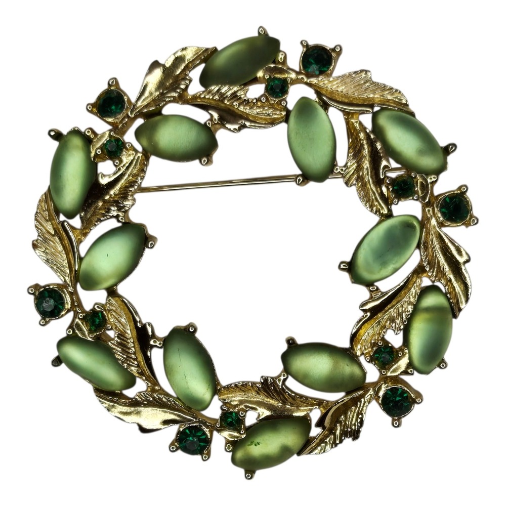 EMJ Wreath Brooch Green‎ Vintage Moonglow Rhinestone Gold Tone - Picture 8 of 9